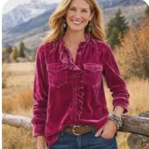 Sundance Tops - Sundance Burgundy Fine Corduroy Ruffle Front Pearl Snap Shirt Sz L Western Boho